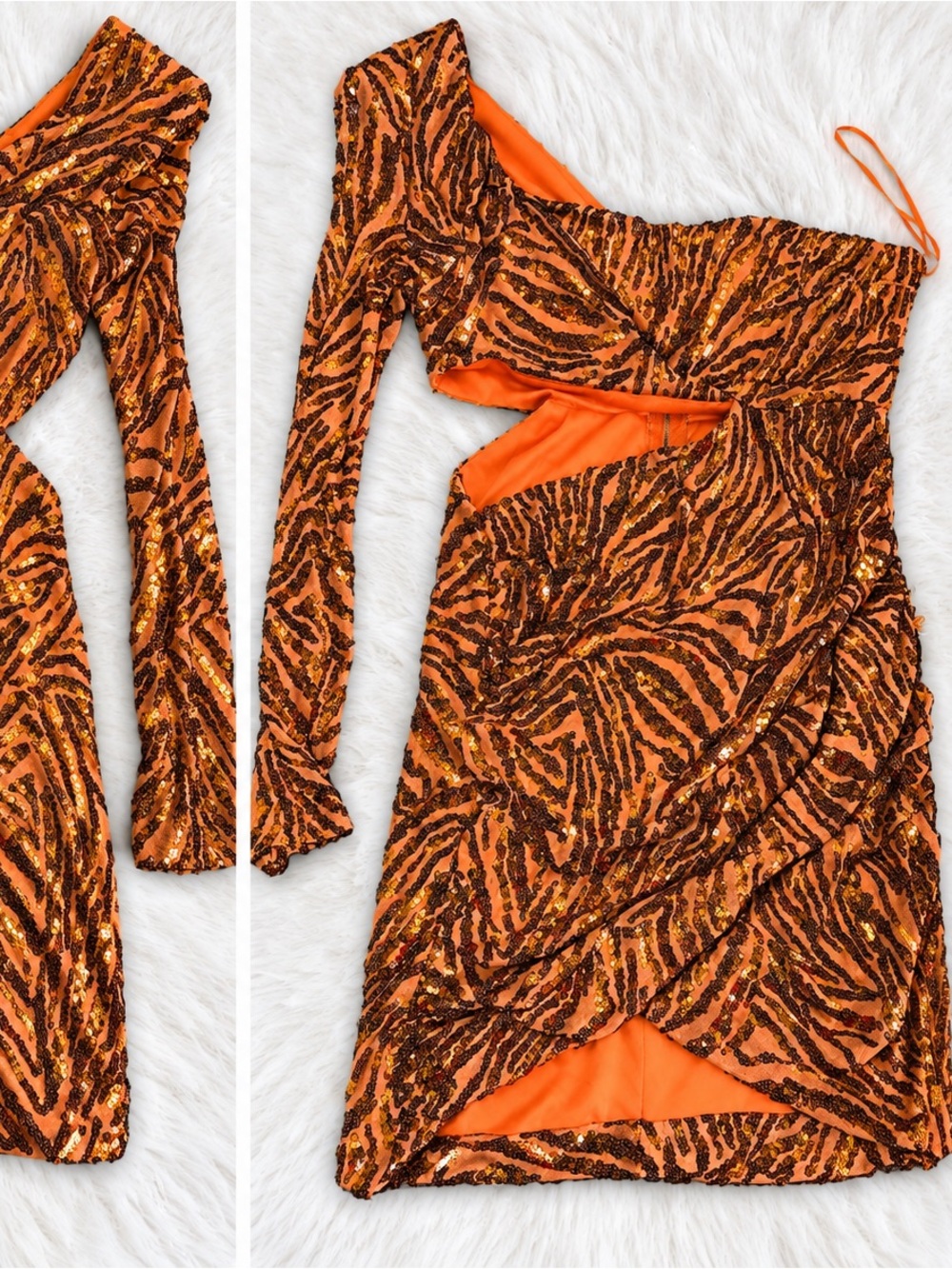 Fashion Nova Orange and Brown One-Shoulder Sequin Mini Dress